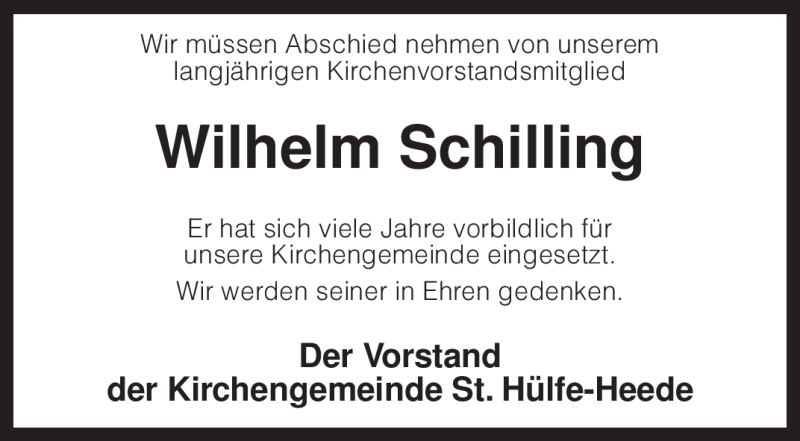  Traueranzeige für Wilhelm Schilling vom 16.06.2009 aus KREISZEITUNG SYKE