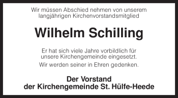 Traueranzeige von Wilhelm Schilling von KREISZEITUNG SYKE