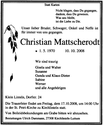 Traueranzeige von Christian Mattscherodt von KREISZEITUNG SYKE