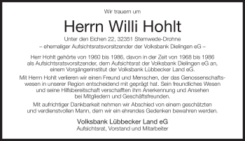 Traueranzeige von Willi Hohlt von KREISZEITUNG SYKE