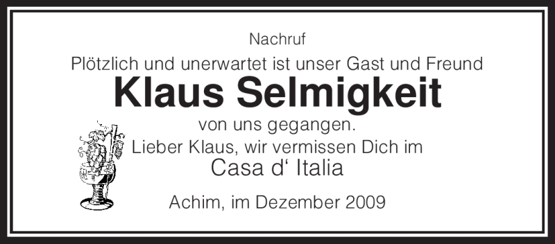  Traueranzeige für Klaus Selmigkeit vom 11.12.2009 aus KREISZEITUNG SYKE
