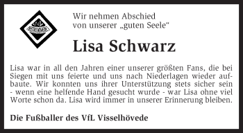 Traueranzeige von Lisa Schwarz von KREISZEITUNG SYKE