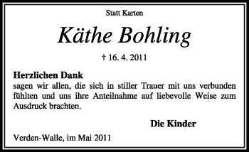 Traueranzeige von Käthe Bohling von KREISZEITUNG SYKE