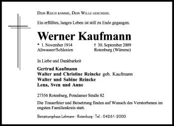 Traueranzeige von Werner Kaufmann von KREISZEITUNG SYKE