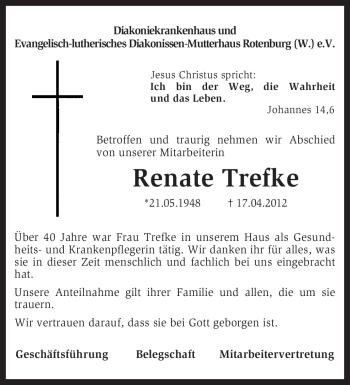 Traueranzeige von Renate Trefke von KREISZEITUNG SYKE