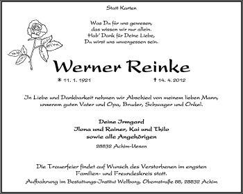 Traueranzeige von Werner Reinke von KREISZEITUNG SYKE