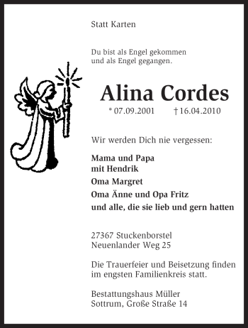 Traueranzeige von Alina Cordes von KREISZEITUNG SYKE