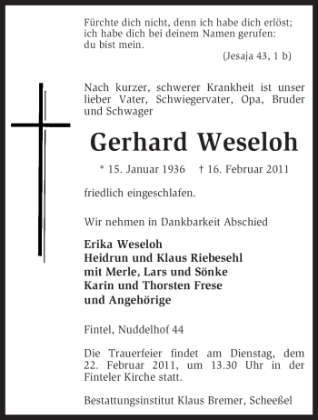 Traueranzeige von Gerhard Weseloh von KREISZEITUNG SYKE