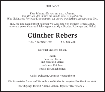 Traueranzeige von Günther Rebers von KREISZEITUNG SYKE