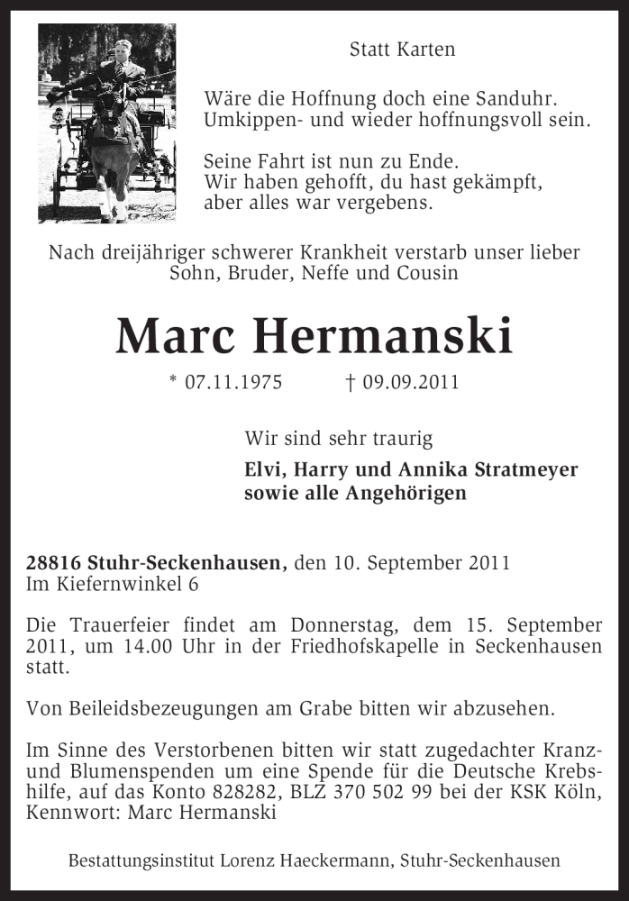  Traueranzeige für Marc Hermannski vom 12.09.2011 aus KREISZEITUNG SYKE