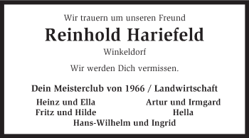 Traueranzeige von Reinhold Hariefeld von KRZ