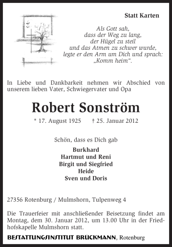 Traueranzeige von Robert Sonström von KREISZEITUNG SYKE