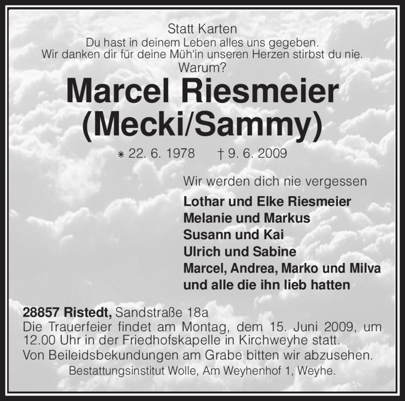  Traueranzeige für Marcel Riesmeier vom 13.06.2009 aus KREISZEITUNG SYKE