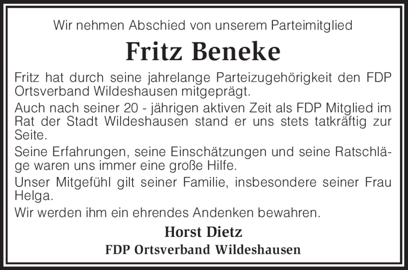  Traueranzeige für Fritz Beneke vom 28.12.2010 aus KREISZEITUNG SYKE