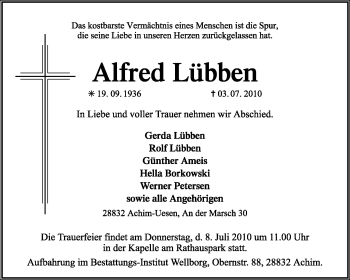 Traueranzeige von Alfred Lübben von KREISZEITUNG SYKE