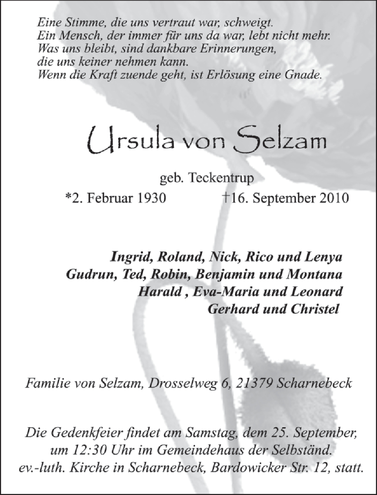  Traueranzeige für Ursula von Selzam vom 21.09.2010 aus 