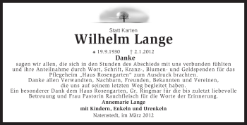 Traueranzeige von Wilhelm Lange von KREISZEITUNG SYKE