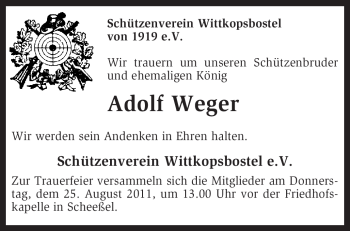 Traueranzeige von Adolf Weger von KREISZEITUNG SYKE