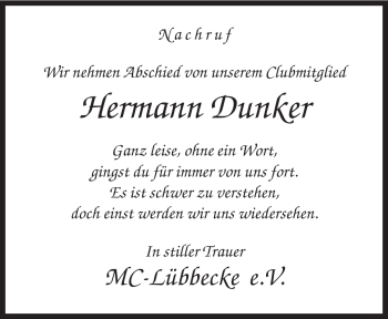 Traueranzeige von Hermann Dunker von KREISZEITUNG SYKE