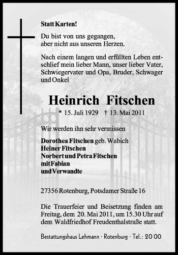 Traueranzeige von Heinrich Fitschen von KREISZEITUNG SYKE