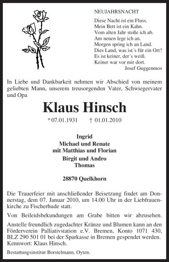 Traueranzeige von Klaus Hinsch von KREISZEITUNG SYKE