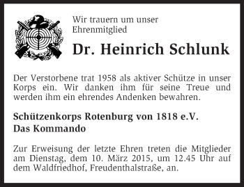 Traueranzeige von Heinrich Schlunk von KRZ