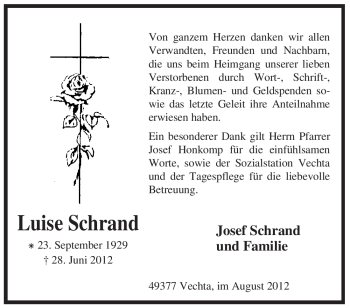 Traueranzeige von Luise Schrand von KREISZEITUNG SYKE