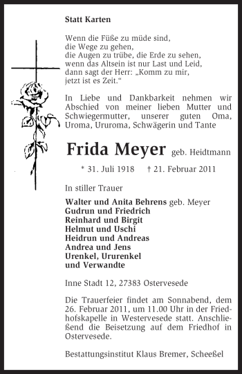 Traueranzeige von Frida Meyer von KREISZEITUNG SYKE