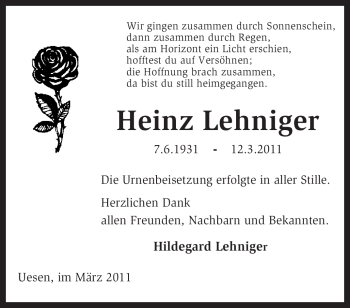 Traueranzeige von Heinz Lehniger von KREISZEITUNG SYKE