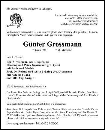 Traueranzeige von Günter Grossmann von KREISZEITUNG SYKE