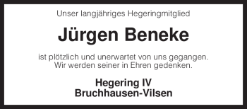 Traueranzeige von Jürgen Beneke von KREISZEITUNG SYKE