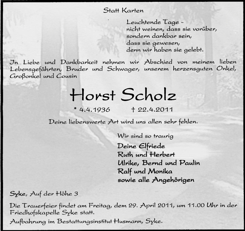  Traueranzeige für Horst Scholz vom 26.04.2011 aus KREISZEITUNG SYKE