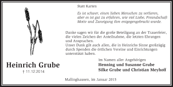 Traueranzeige von Heinrich Grube von KRZ