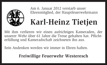 Traueranzeige von Karl-Heinz Tietjen von KREISZEITUNG SYKE