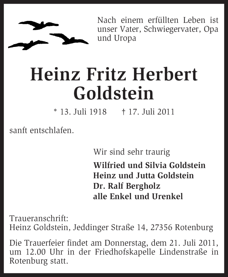  Traueranzeige für Heinz Fritz Herbert Goldstein vom 19.07.2011 aus KREISZEITUNG SYKE