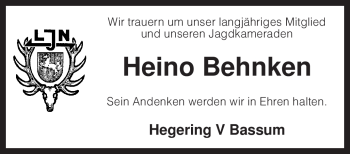 Traueranzeige von Heino Behnken von KREISZEITUNG SYKE