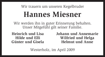 Traueranzeige von Hannes Miesner von KREISZEITUNG SYKE