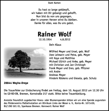 Traueranzeige von Rainer Wolf von KREISZEITUNG SYKE