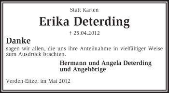 Traueranzeige von Erika Deterding von KREISZEITUNG SYKE