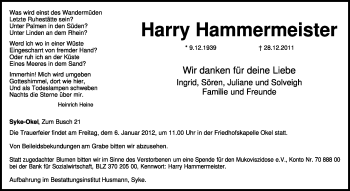 Traueranzeige von Harry Hammermeister von KREISZEITUNG SYKE