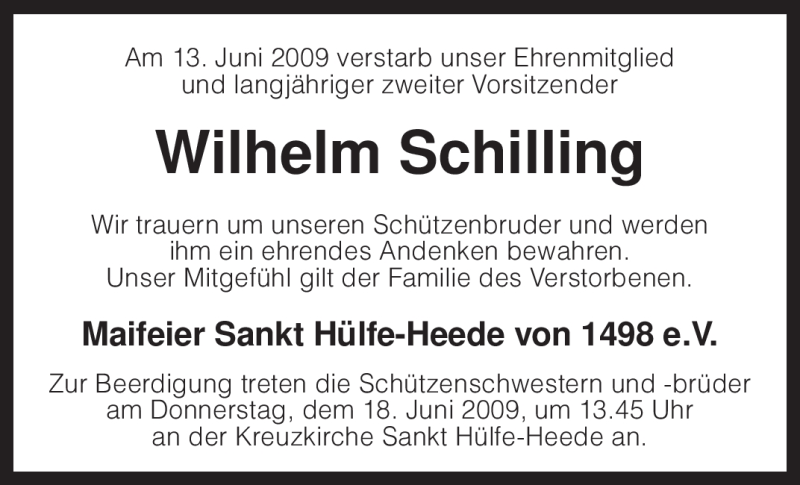  Traueranzeige für Wilhelm Schilling vom 16.06.2009 aus KREISZEITUNG SYKE