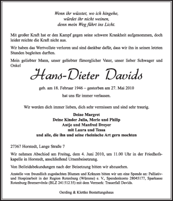 Traueranzeige von Hans-Dieter Davids von KREISZEITUNG SYKE