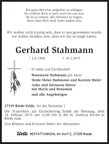 Traueranzeige von Gerhard Stahmann von KRZ