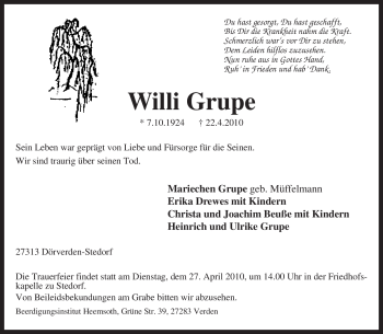 Traueranzeige von Willi Grupe von KREISZEITUNG SYKE