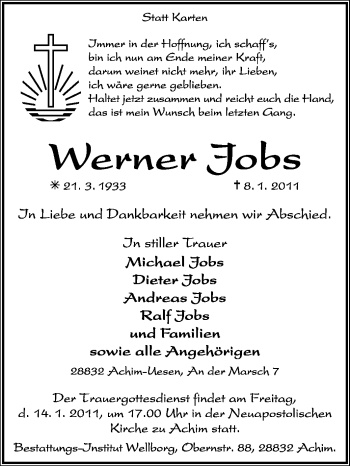 Traueranzeige von Werner Jobs von KREISZEITUNG SYKE