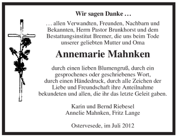 Traueranzeige von Annemarie Mahnken von KREISZEITUNG SYKE