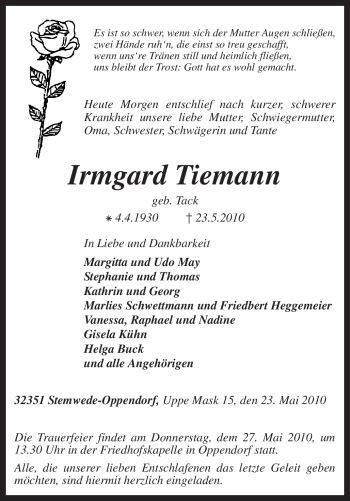 Traueranzeige von Irmgard Tiemann von KREISZEITUNG SYKE