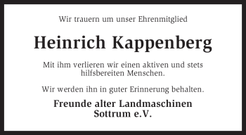 Traueranzeige von Heinrich Kappenberg von KREISZEITUNG SYKE