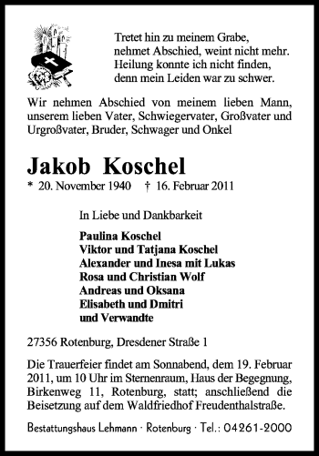 Traueranzeige von Jakob Koschel von KREISZEITUNG SYKE
