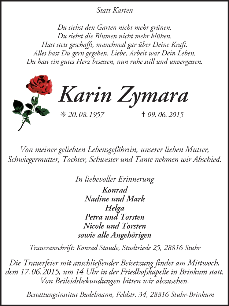  Traueranzeige für Karin Zymara vom 13.06.2015 aus KRZ